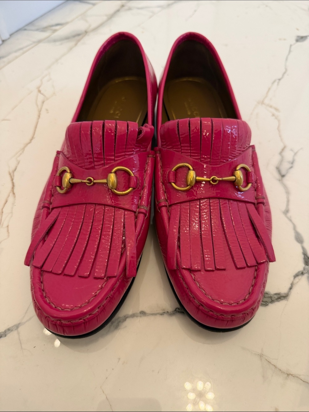 Gucci Hot Pink Patent Kiltie Loafers with Gold Hardware